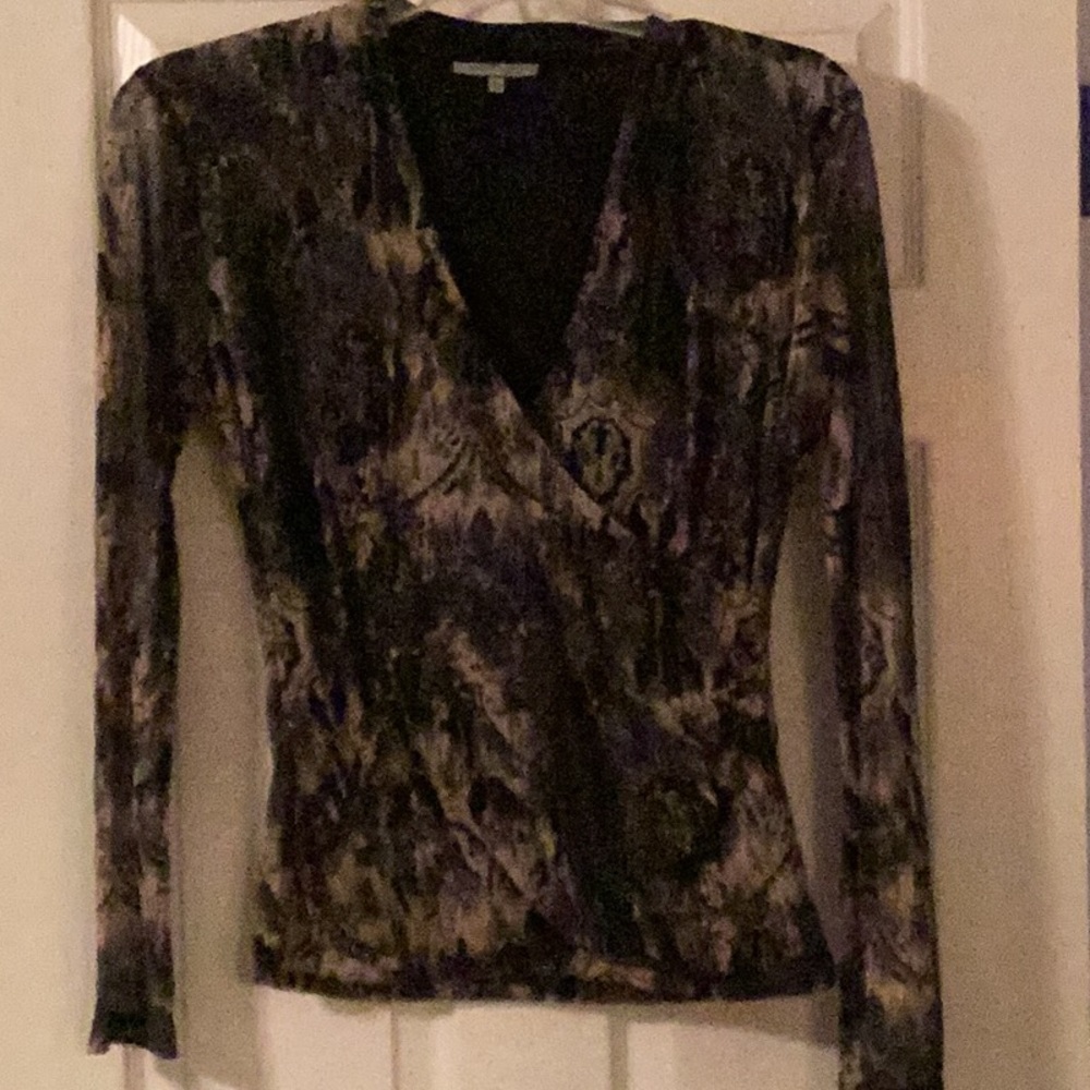 Tailored, sleek and slimming faux wrap Anne Klein Blouse. Neutral!